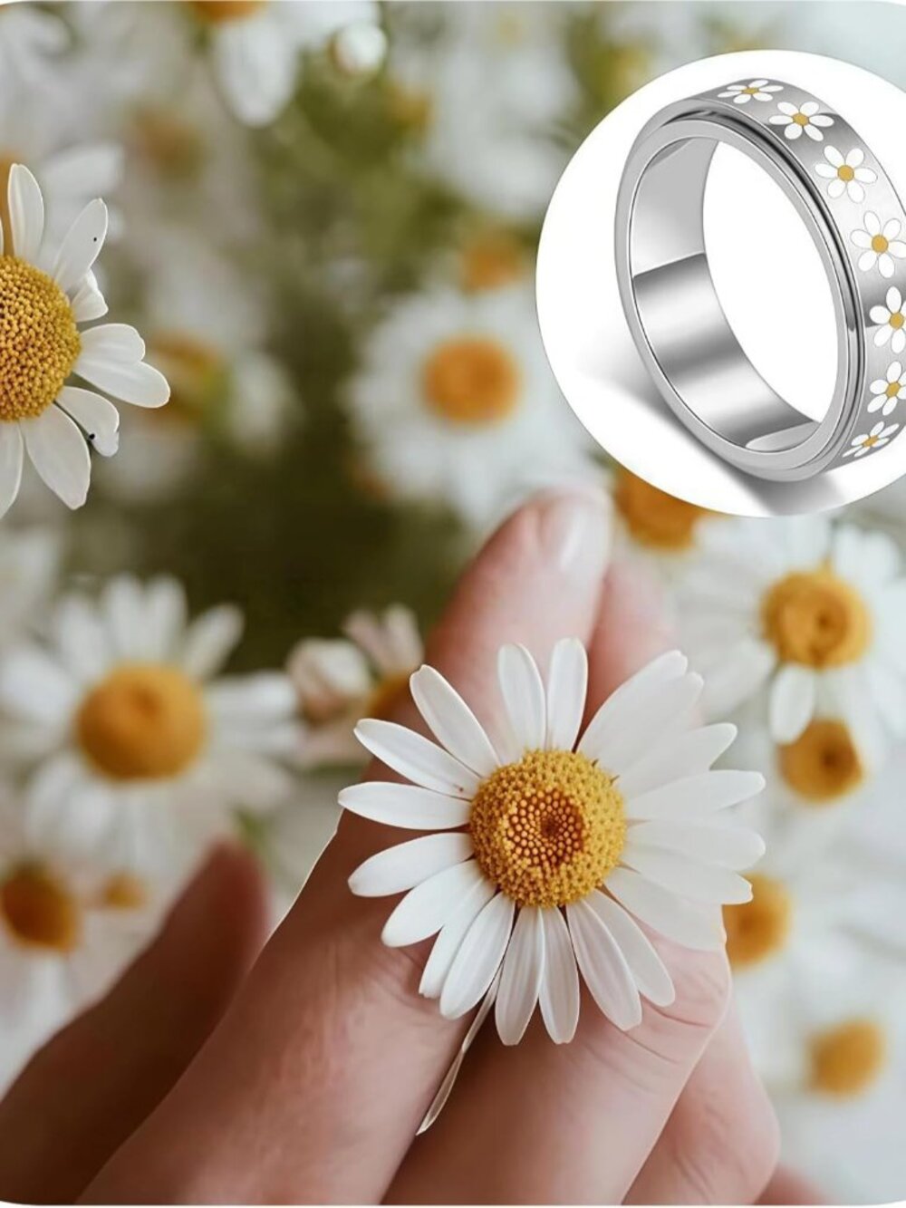 Daisy Fidget Ring for Anxiety Relief - 18K Gold Plated Stainless Steel Spinner B - Picture 7 of 7